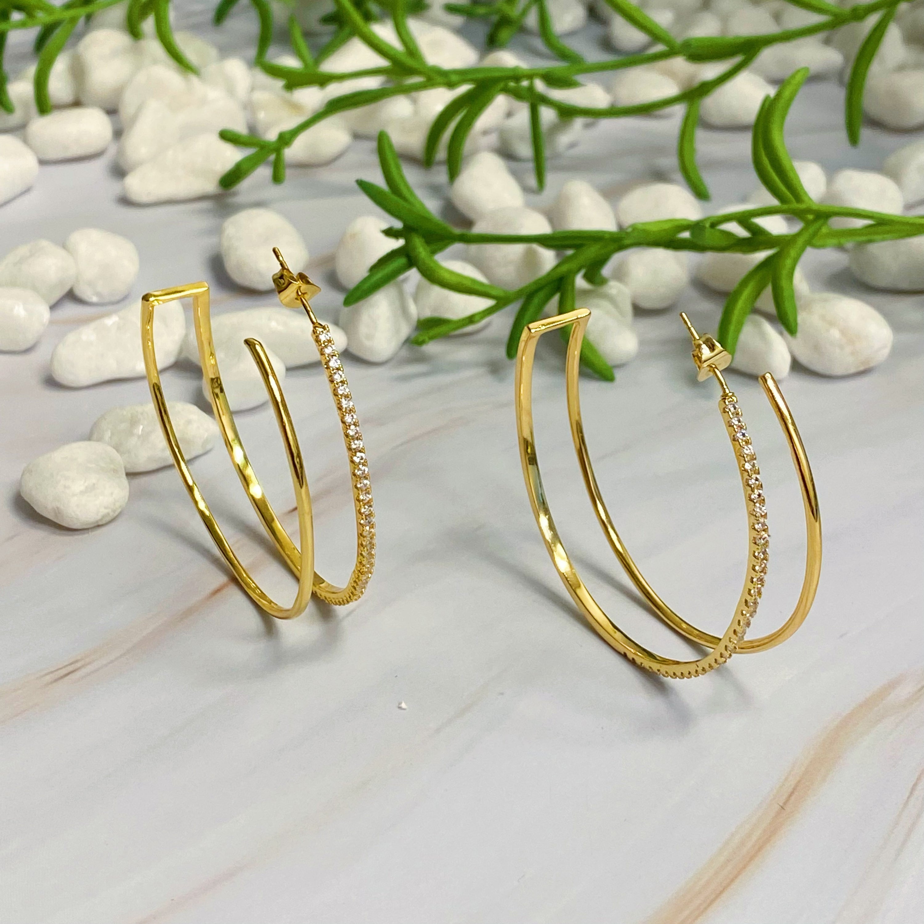 Doubled Open Top Hoop Earrings featuring a unique design with 18k gold plating and sparkling cubic zirconia, perfect for everyday elegance.