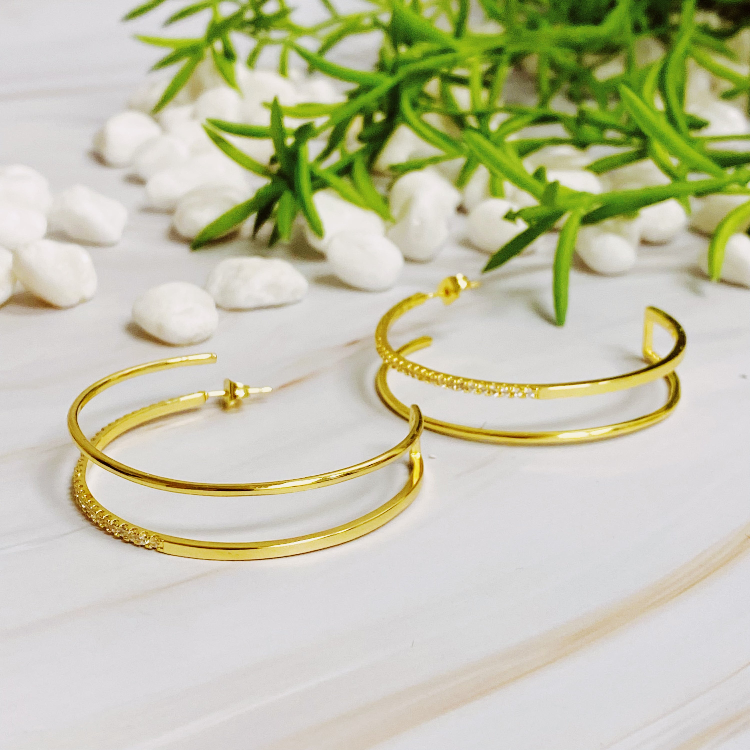 Doubled Open Top Hoop Earrings featuring a unique design with 18k gold plating and sparkling cubic zirconia, perfect for everyday elegance.