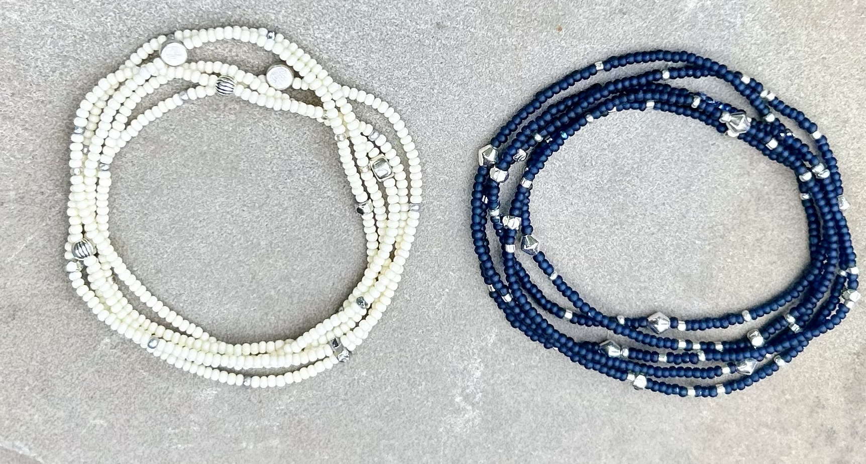 Double-Up 2-Piece Navy Blue Silver-Sprinkled Beaded Wrap Bracelet showcasing navy blue Czech glass beads and metallic silver accents.