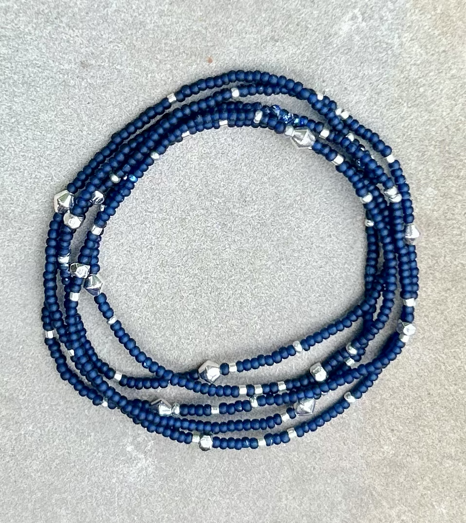 Double-Up 2-Piece Navy Blue Silver-Sprinkled Beaded Wrap Bracelet showcasing navy blue Czech glass beads and metallic silver accents.