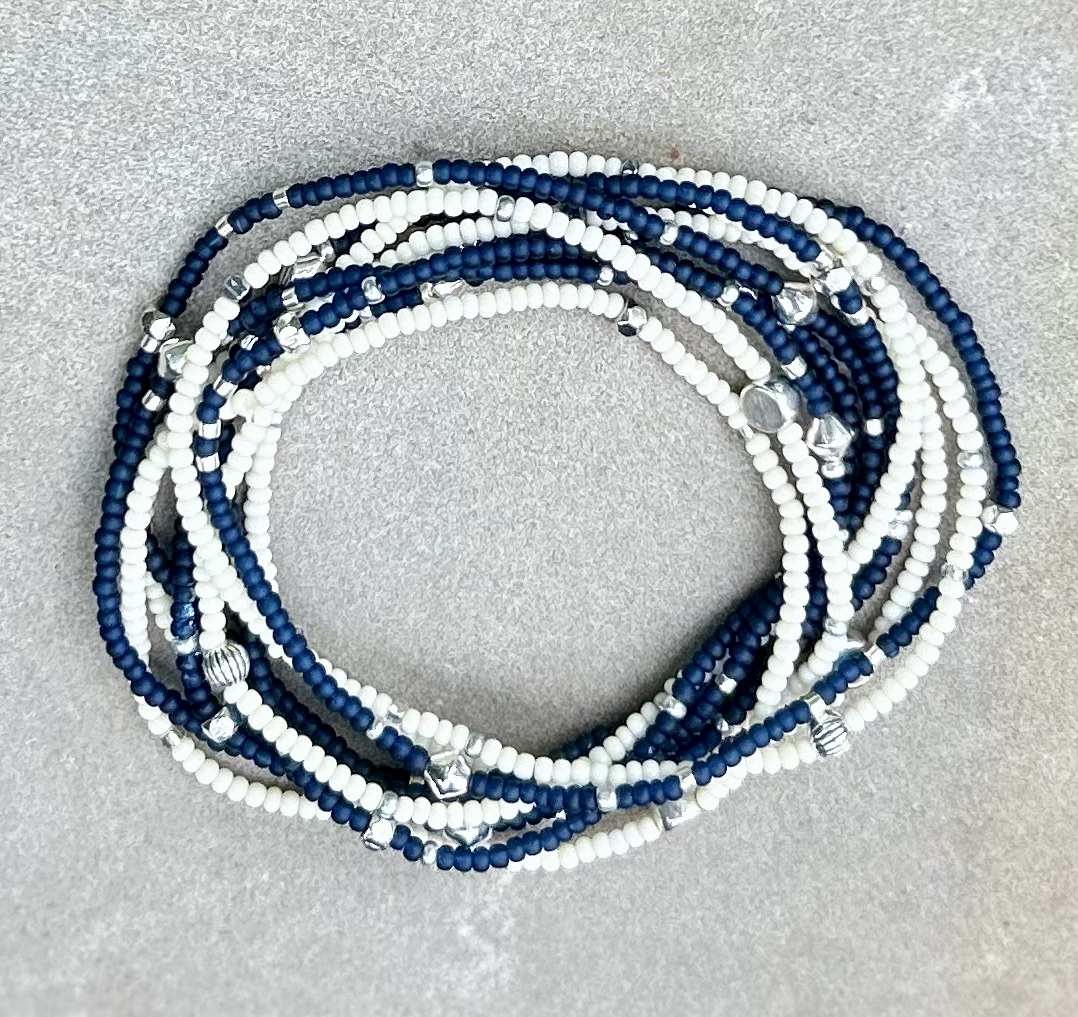 Double-Up 2-Piece Navy Blue Silver-Sprinkled Beaded Wrap Bracelet showcasing navy blue Czech glass beads and metallic silver accents.