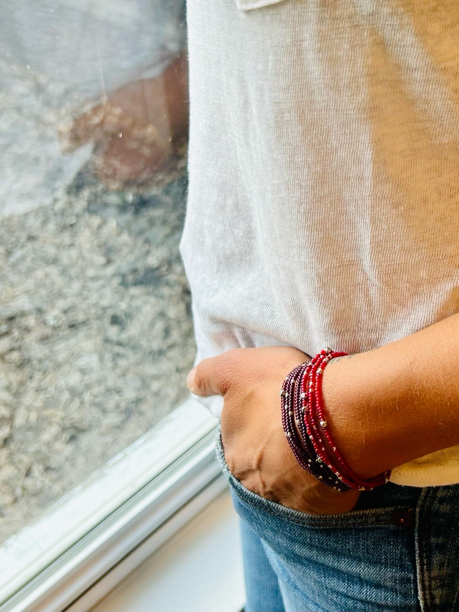 Double-Up 2-Piece Silver-Sprinkle Beaded 8-Wrap Bracelet featuring magenta and mauve colors with silver glass Czech beads.