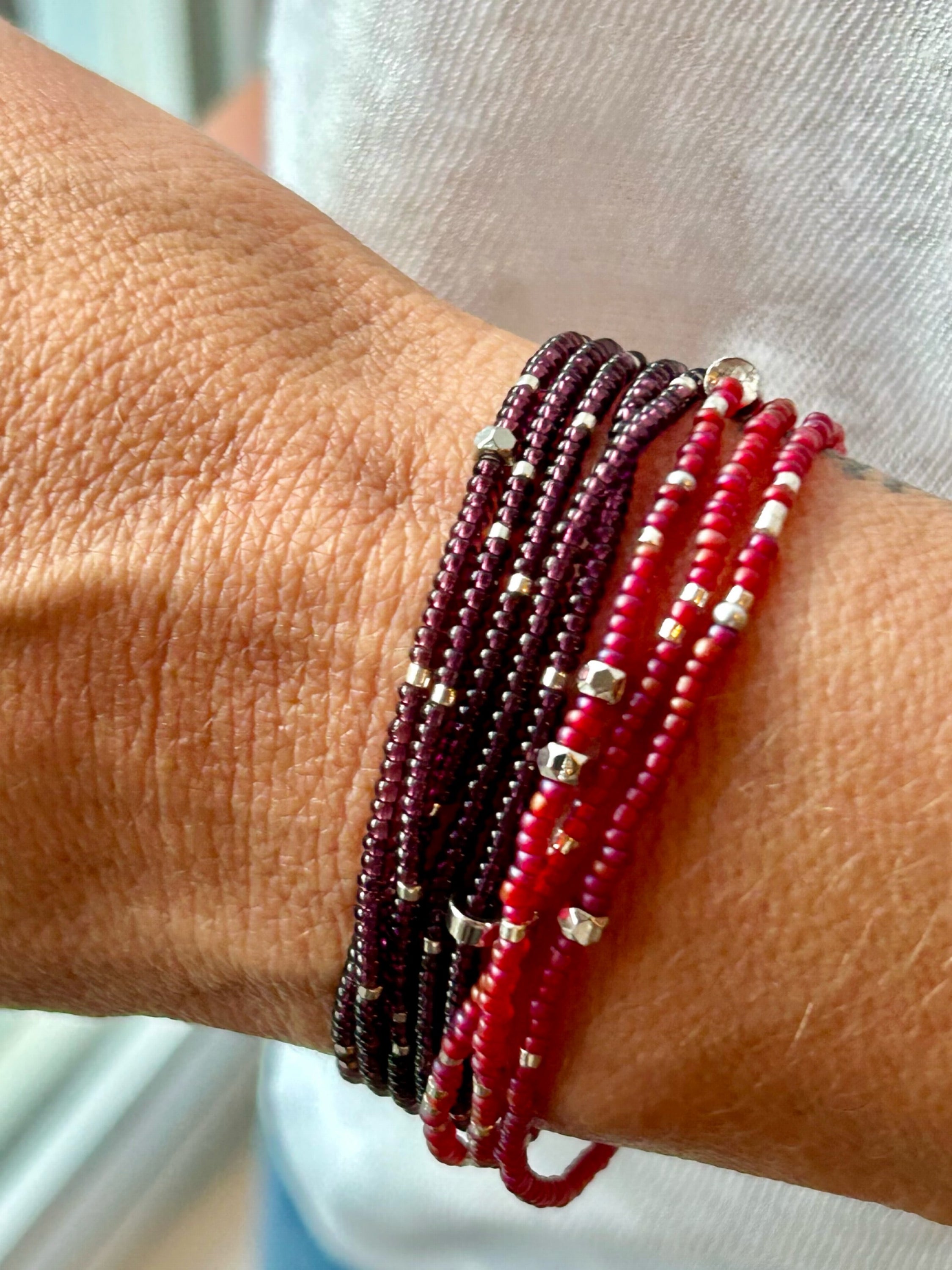 Double-Up 2-Piece Silver-Sprinkle Beaded 8-Wrap Bracelet featuring magenta and mauve colors with silver glass Czech beads.