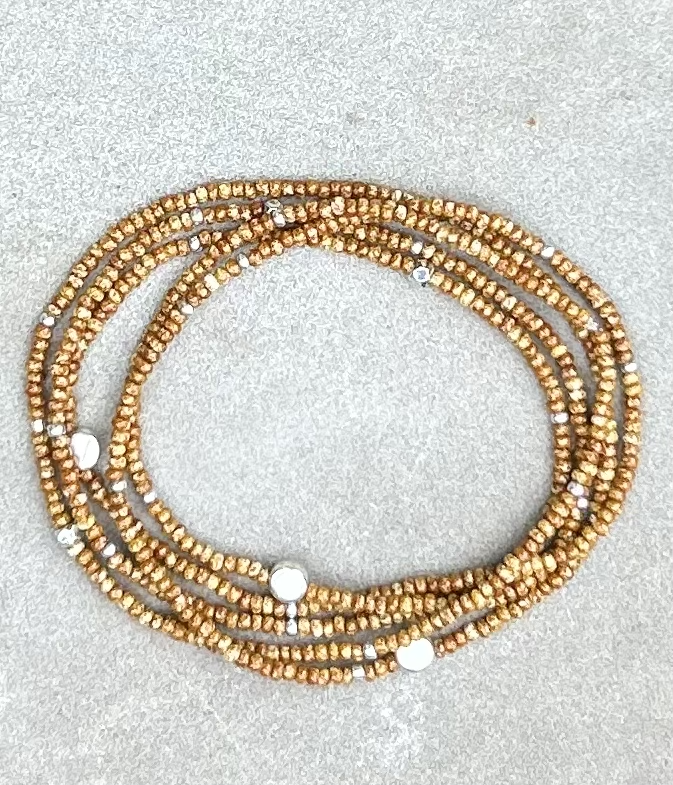 Double-Up 2-Piece Speckled Tan & Silver-Sprinkled Beaded Wrap Bracelet featuring Czech glass seed beads and metallic silver accents.