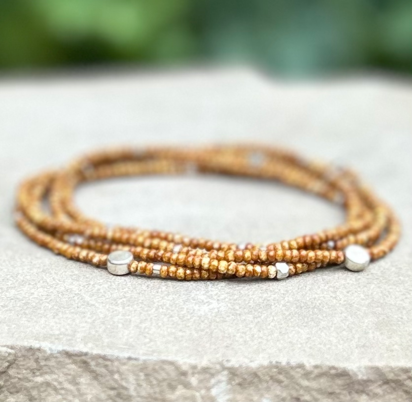 Double-Up 2-Piece Speckled Tan & Silver-Sprinkled Beaded Wrap Bracelet featuring Czech glass seed beads and metallic silver accents.