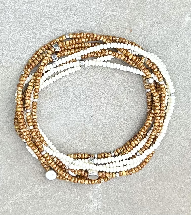 Double-Up 2-Piece Speckled Tan & Silver-Sprinkled Beaded Wrap Bracelet featuring Czech glass seed beads and metallic silver accents.