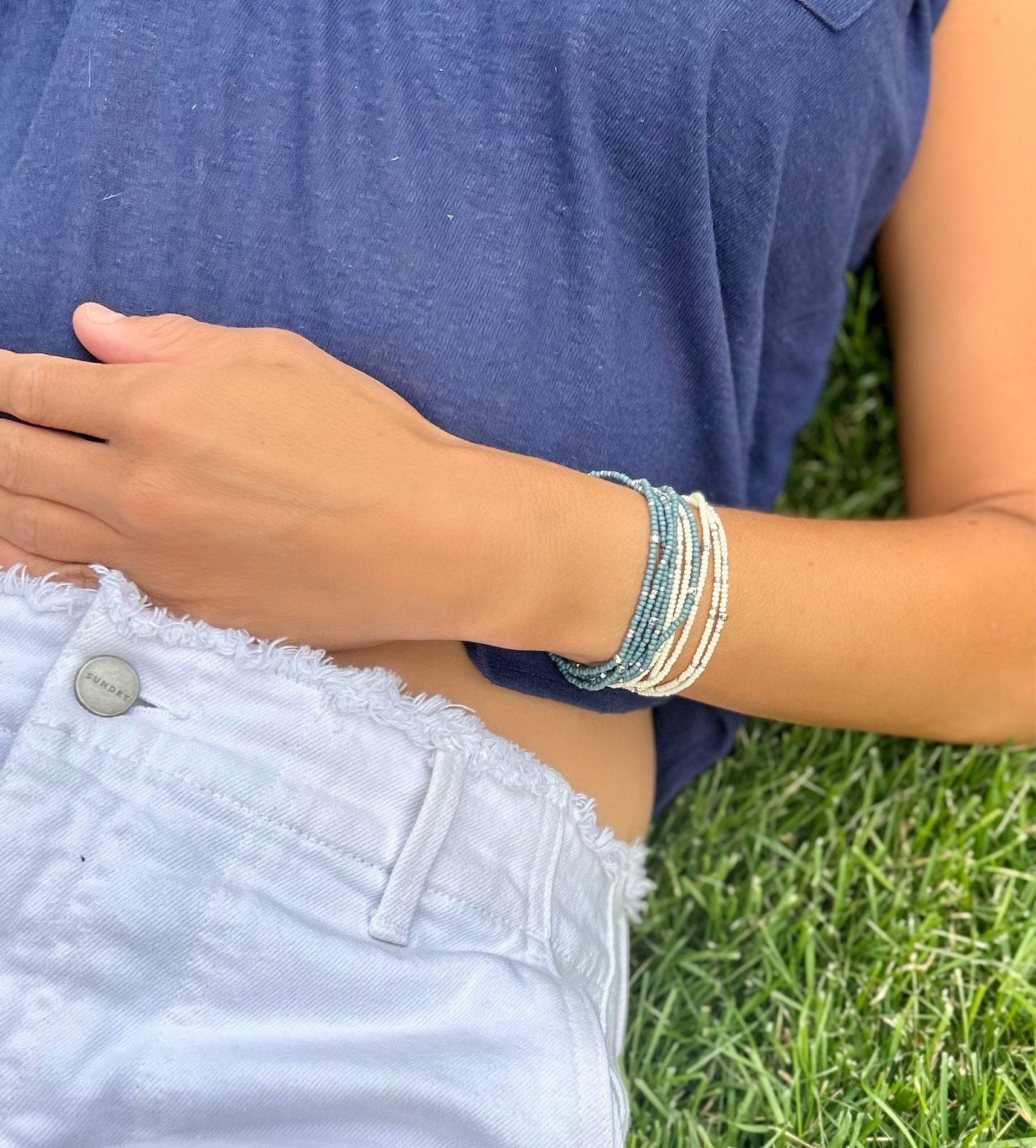 Double-Up 2-Piece Turquoise & Silver Beaded Wrap Bracelet featuring vibrant turquoise Czech glass beads and metallic silver accents, elegantly wrapped around a wrist.