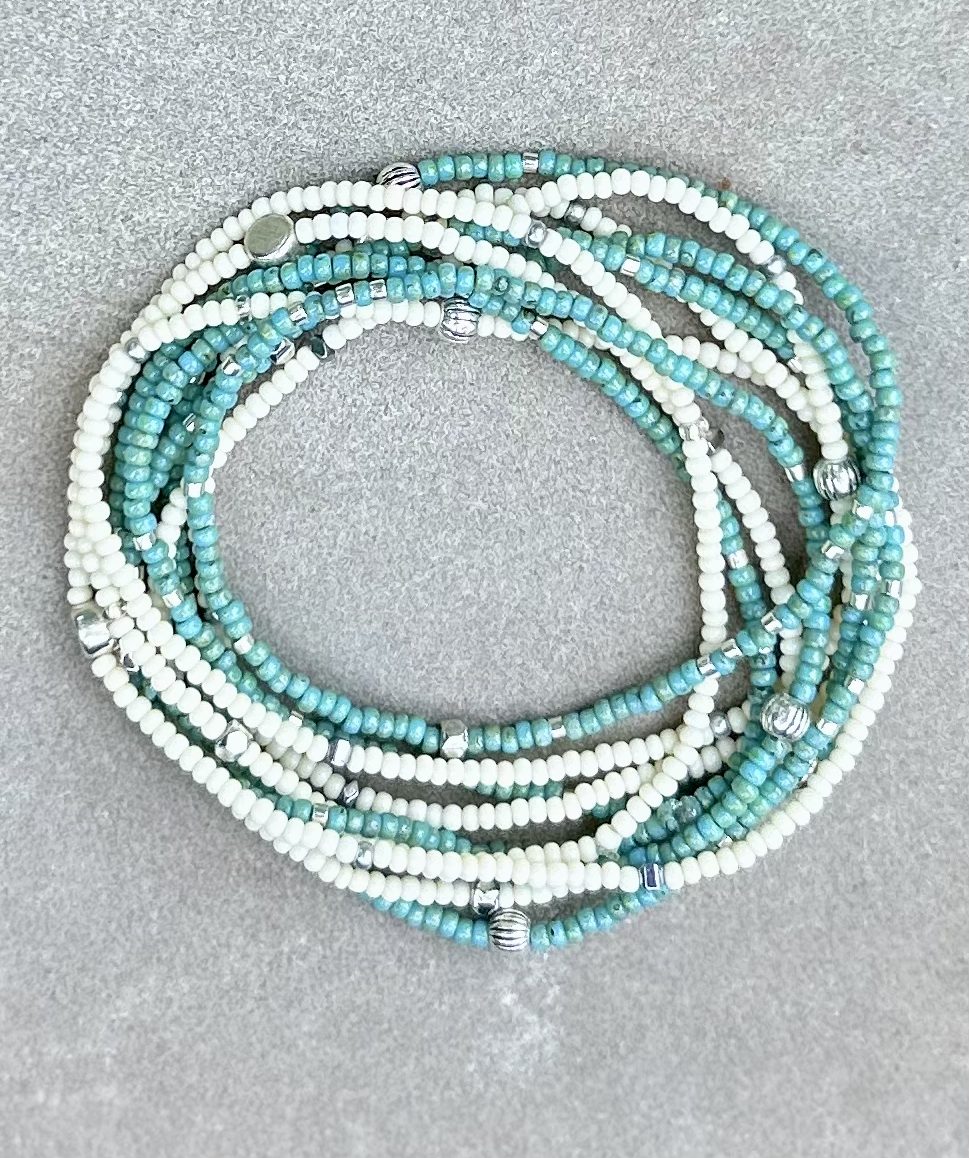 Double-Up 2-Piece Turquoise & Silver Beaded Wrap Bracelet featuring vibrant turquoise Czech glass beads and metallic silver accents, elegantly wrapped around a wrist.