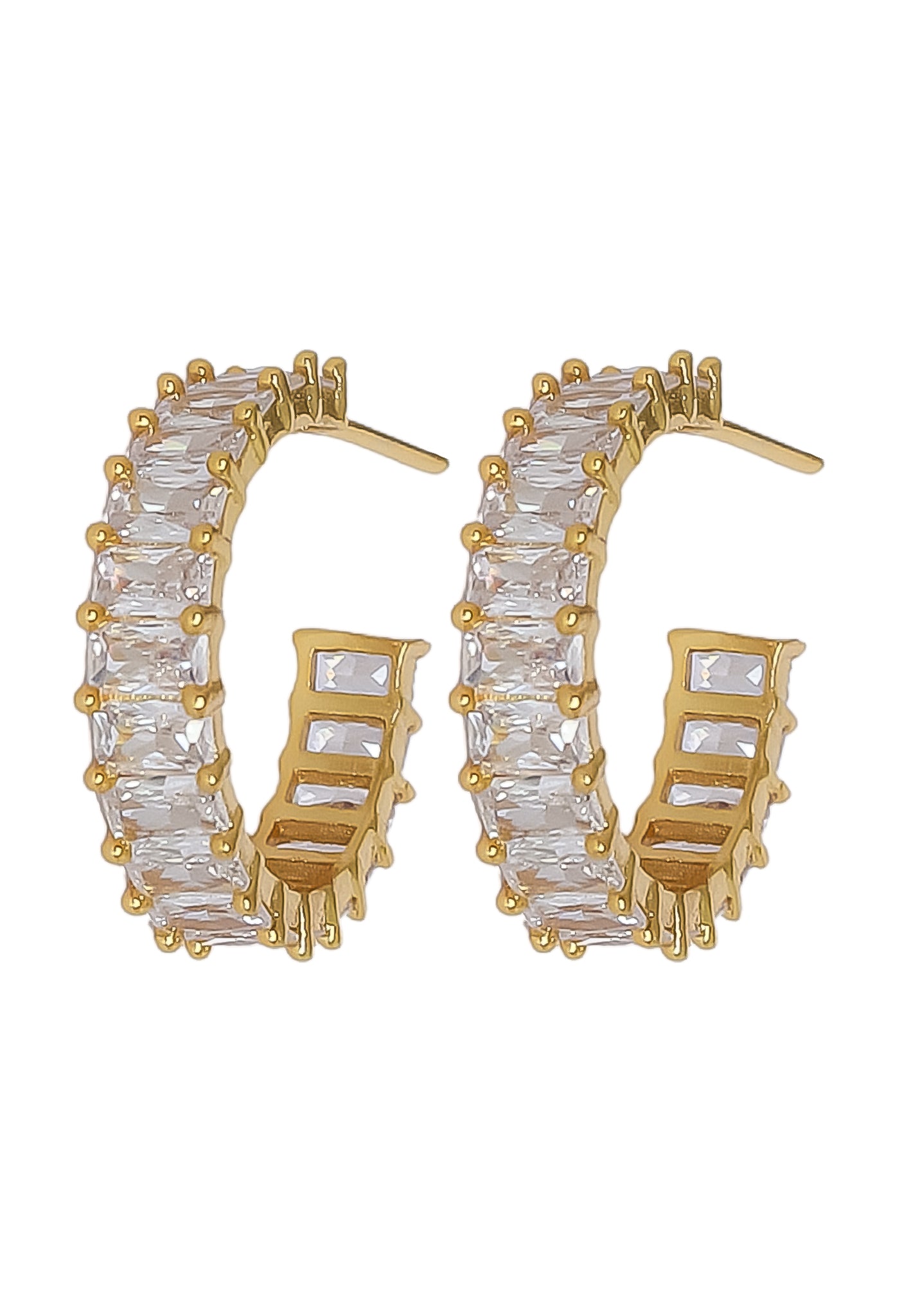 Elegant Downtown Earrings featuring 18K gold plating and emerald cut zirconia stones, perfect for pierced ears.