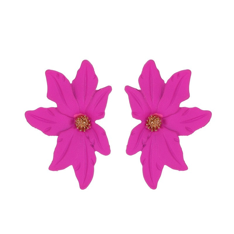 Dramatic flower stud earrings made of alloy, featuring intricate floral design and lightweight construction.