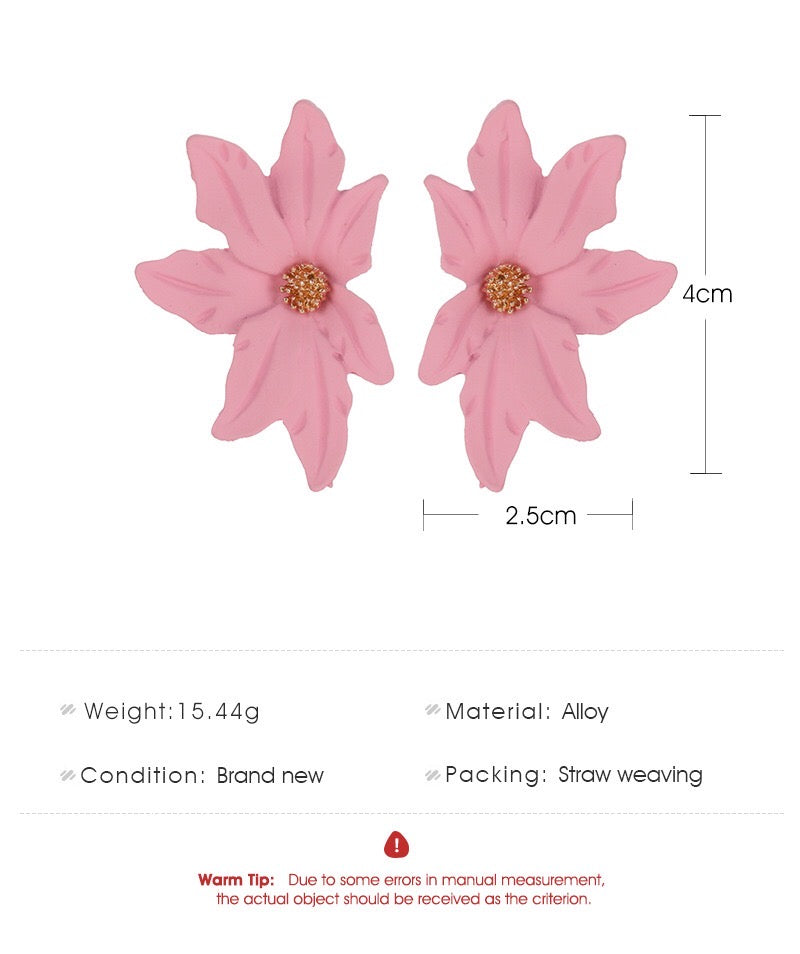 Dramatic flower stud earrings made of alloy, featuring intricate floral design and lightweight construction.