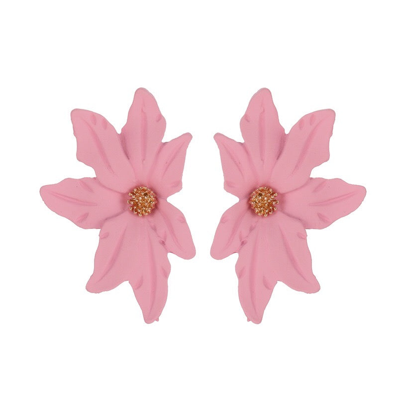 Dramatic flower stud earrings made of alloy, featuring intricate floral design and lightweight construction.