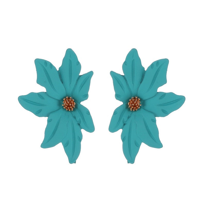 Dramatic flower stud earrings made of alloy, featuring intricate floral design and lightweight construction.