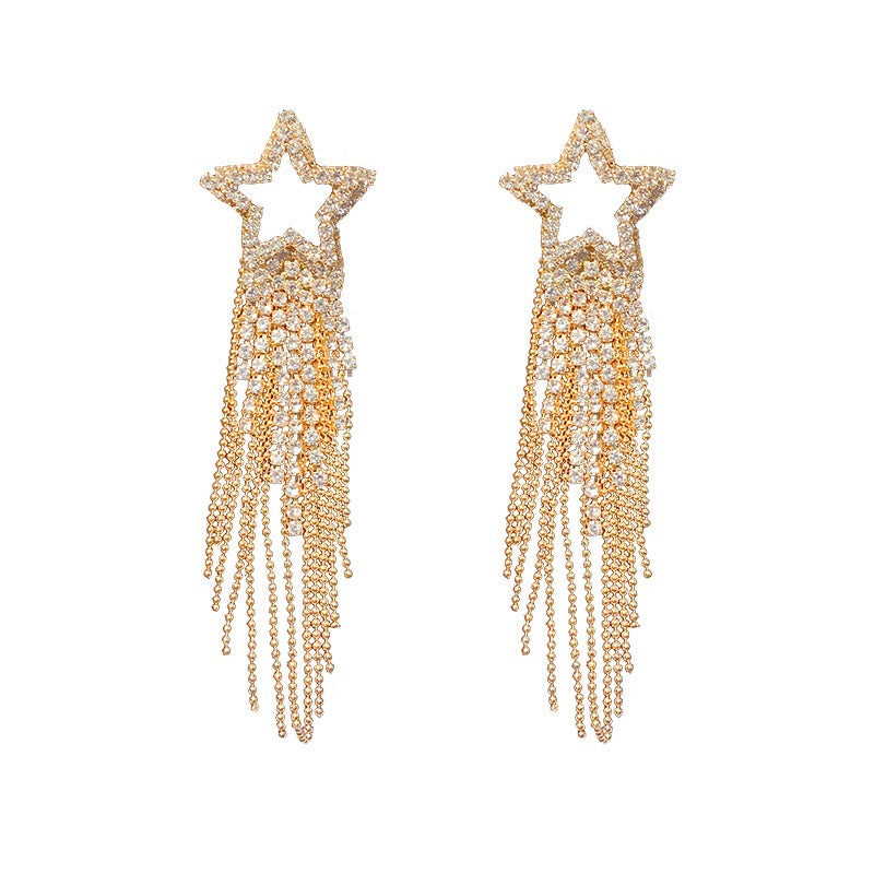 Dramatic Star Tassel Earrings featuring rhinestone and 925 silver, showcasing elegant design and lightweight construction.