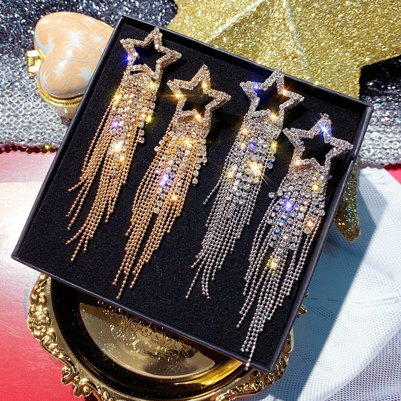 Dramatic Star Tassel Earrings featuring rhinestone and 925 silver, showcasing elegant design and lightweight construction.