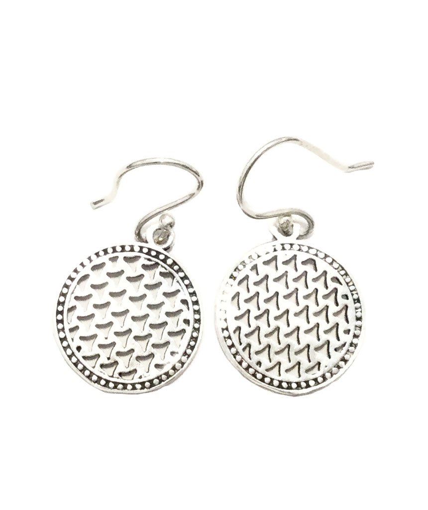 Elegant handmade gold drop circle earrings with etched triangle pattern and S-shaped clasp closure.