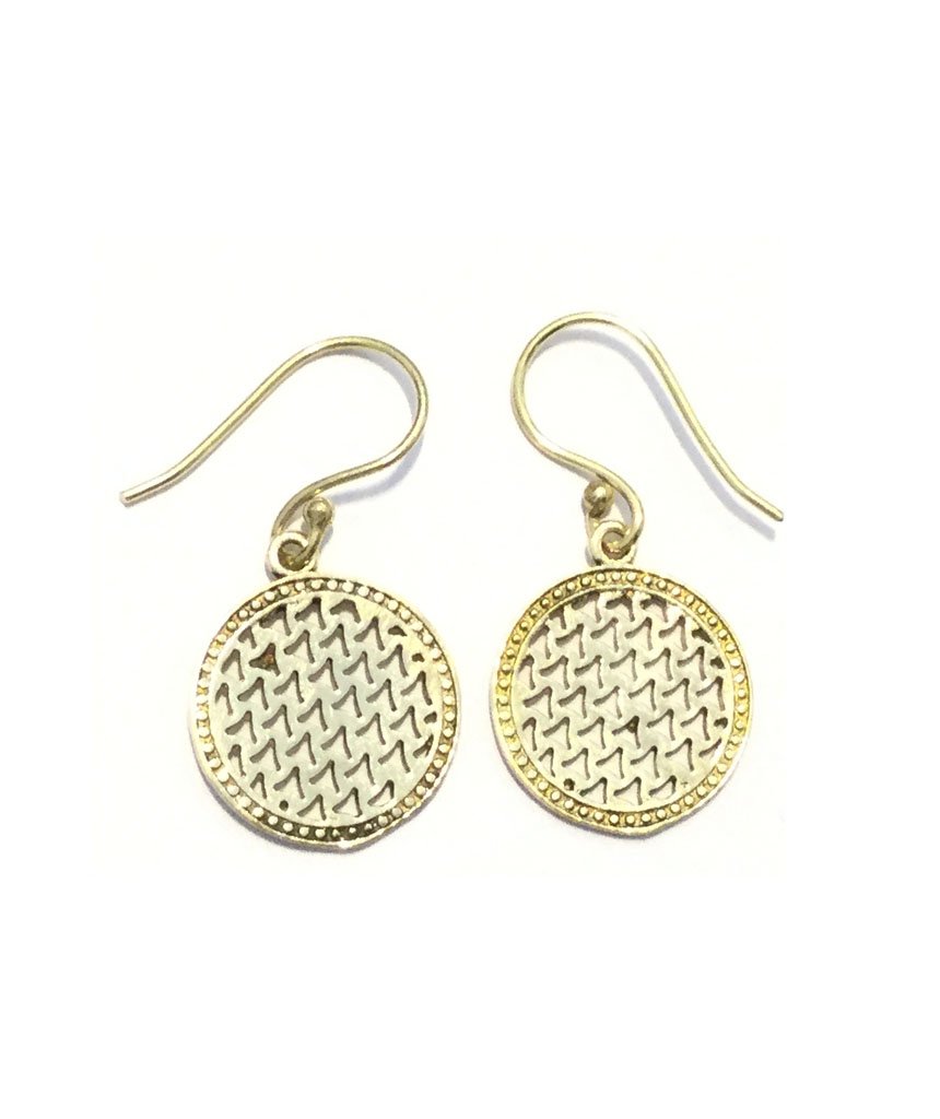 Elegant handmade gold drop circle earrings with etched triangle pattern and S-shaped clasp closure.