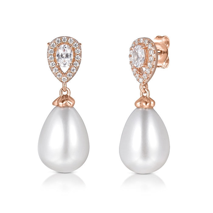 Elegant drop shell pearl stud earrings with cubic zirconia crystals, perfect for brides and special occasions, displayed in a luxurious gift box.