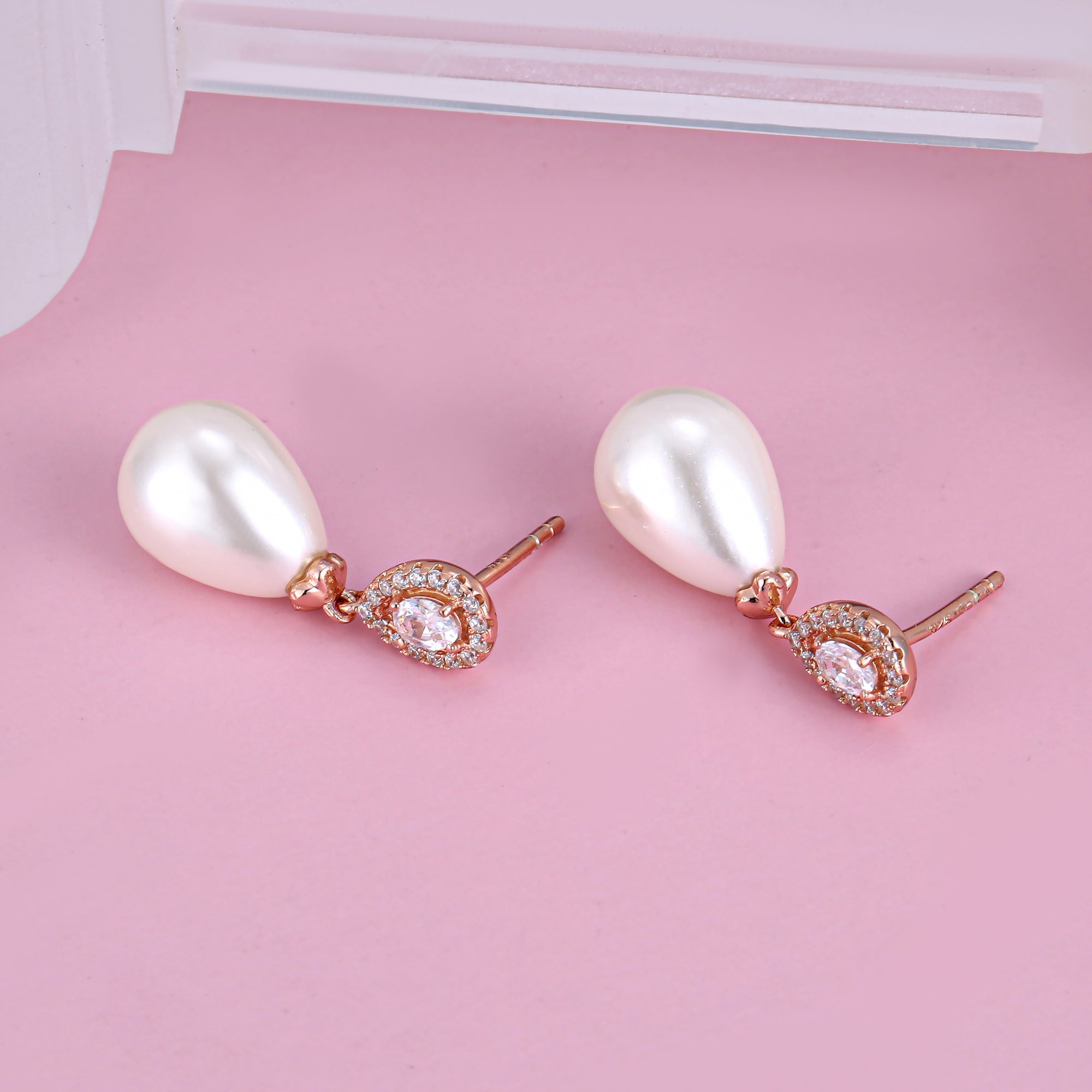 Elegant drop shell pearl stud earrings with cubic zirconia crystals, perfect for brides and special occasions, displayed in a luxurious gift box.