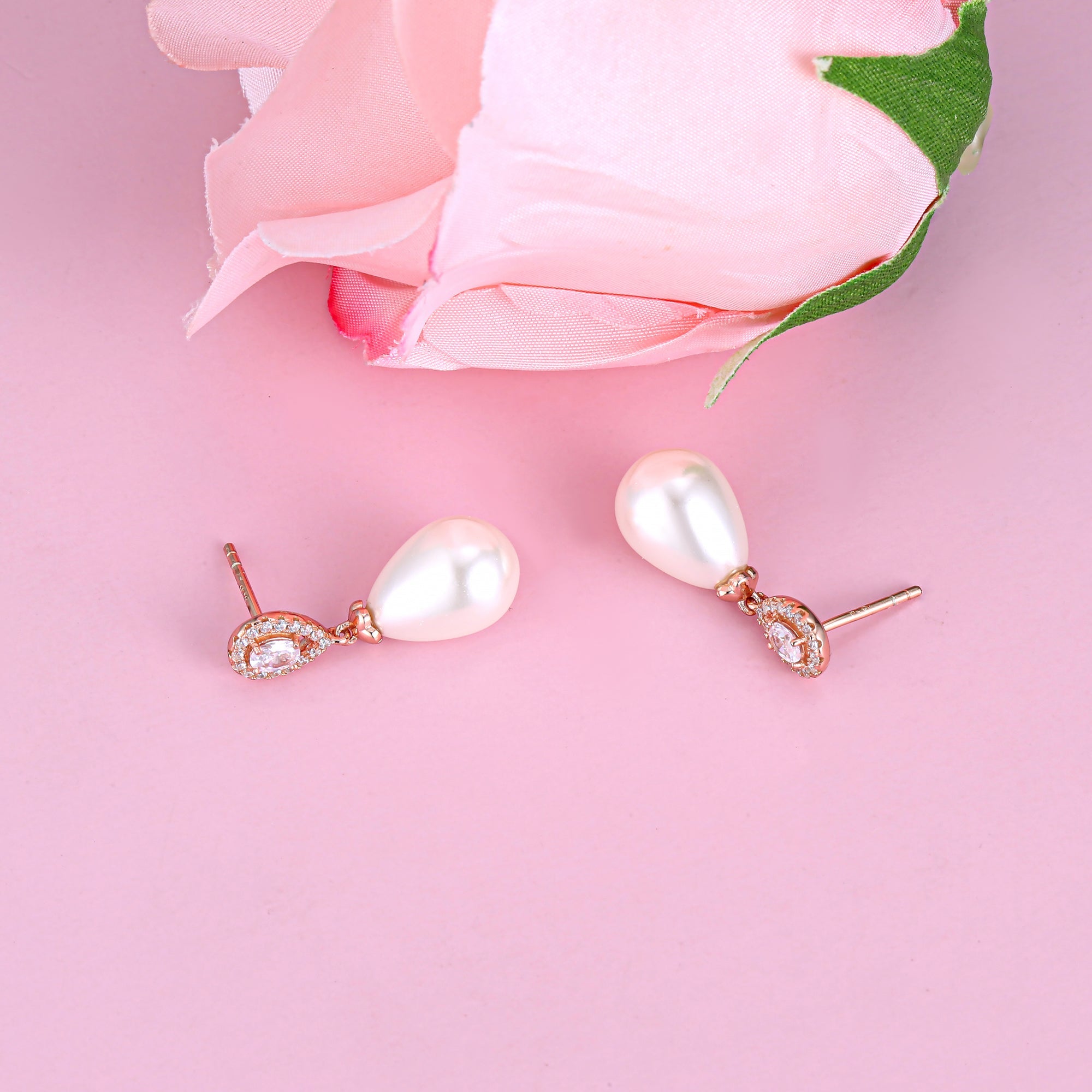 Elegant drop shell pearl stud earrings with cubic zirconia crystals, perfect for brides and special occasions, displayed in a luxurious gift box.