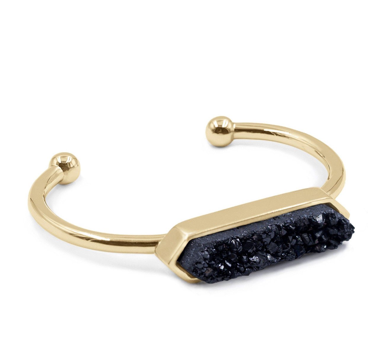 A stunning 24K gold plated adjustable bangle featuring a sparkling natural druzy bar, perfect for stylish wrist stacking.