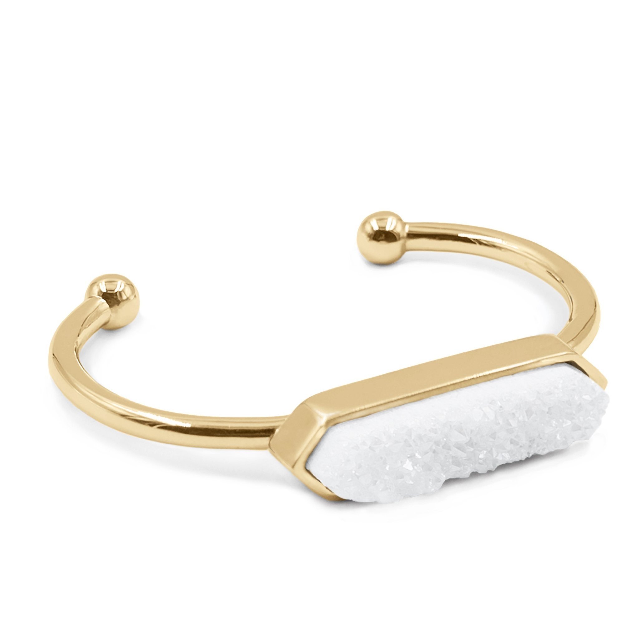 A stunning 24K gold plated adjustable bangle featuring a sparkling natural druzy bar, perfect for stylish wrist stacking.