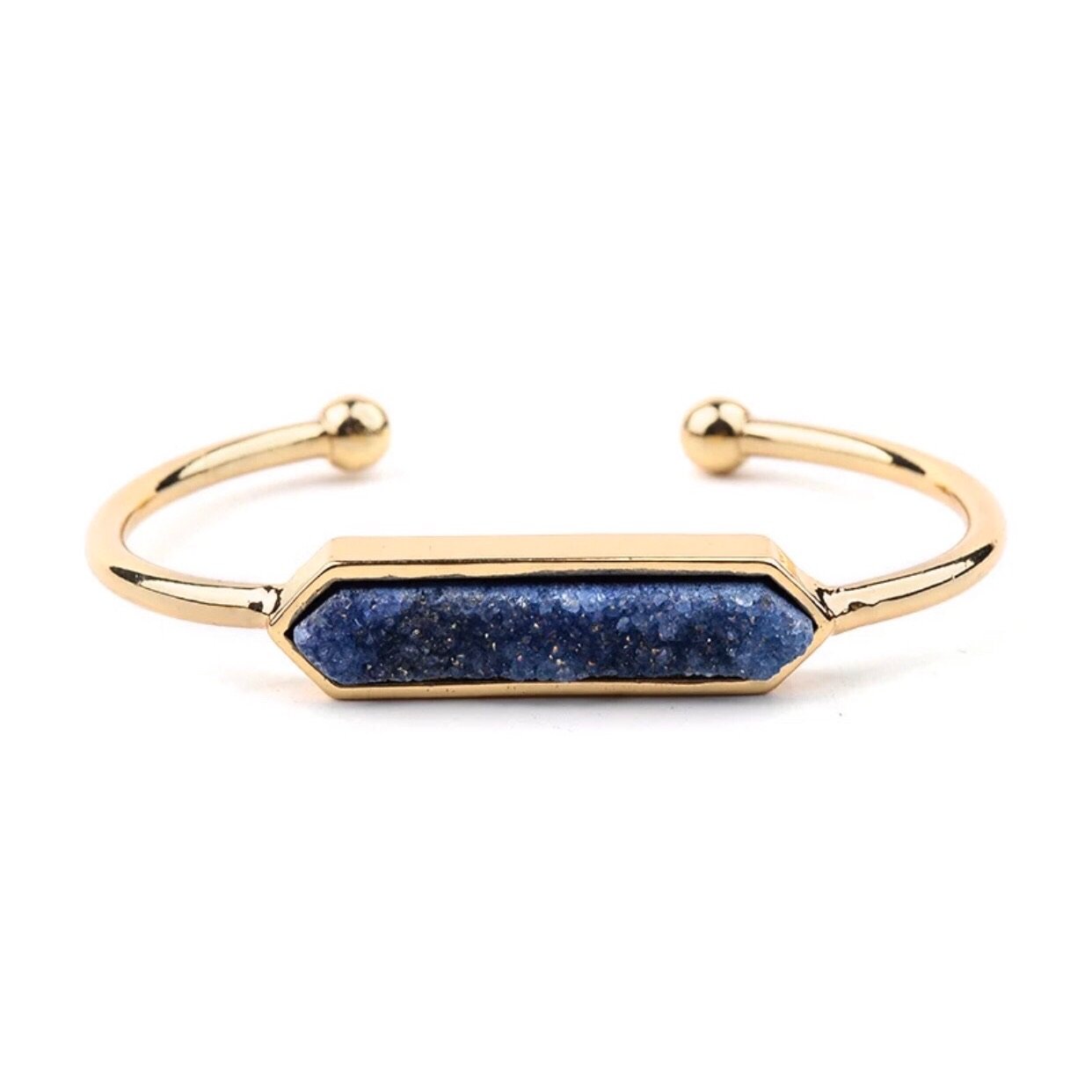 A stunning 24K gold plated adjustable bangle featuring a sparkling natural druzy bar, perfect for stylish wrist stacking.