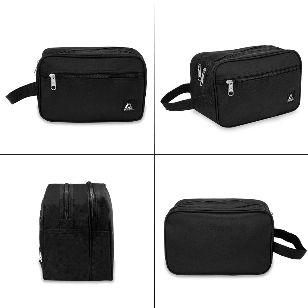 Dual Compartment Toiletry Bag in black with dual zippered compartments and a front pocket, showcasing its durable 600D polyester material.