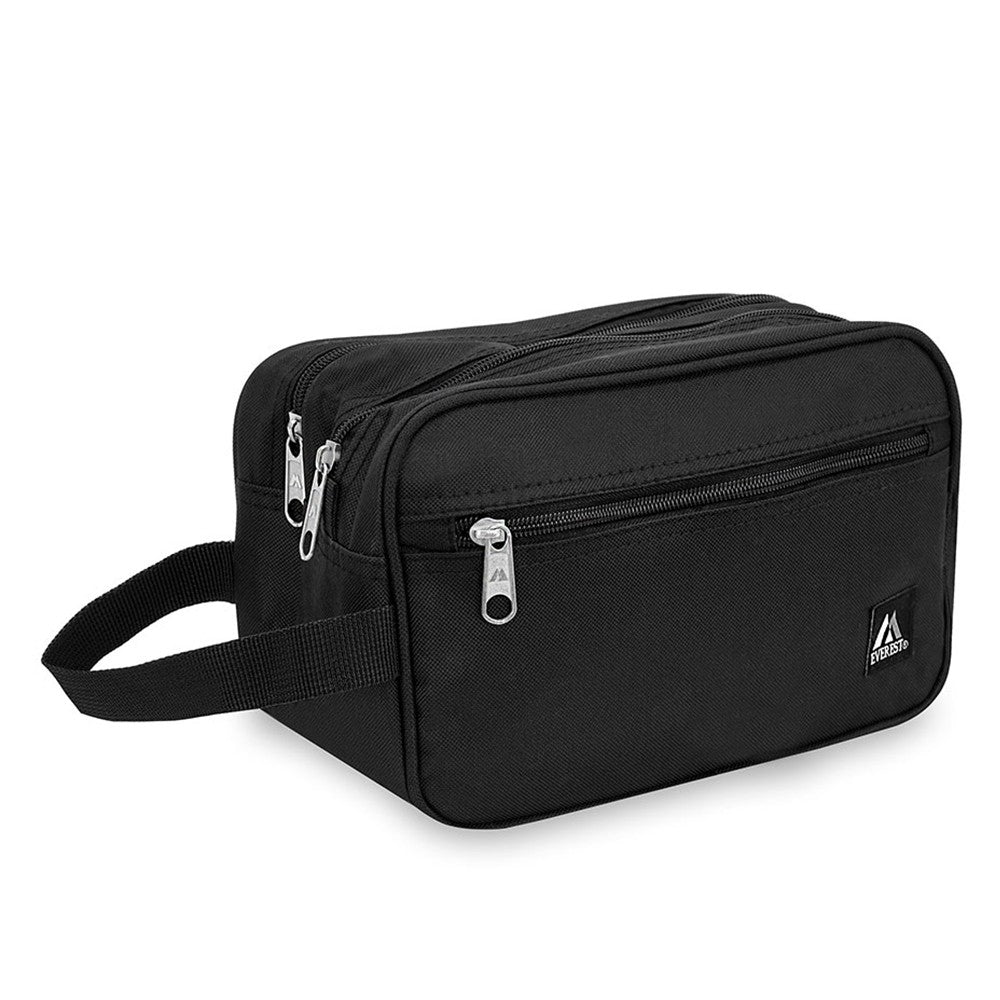 Dual Compartment Toiletry Bag in black with dual zippered compartments and a front pocket, showcasing its durable 600D polyester material.