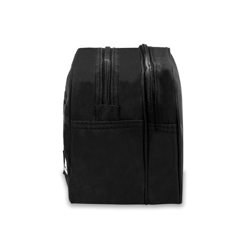 Dual Compartment Toiletry Bag in black with dual zippered compartments and a front pocket, showcasing its durable 600D polyester material.