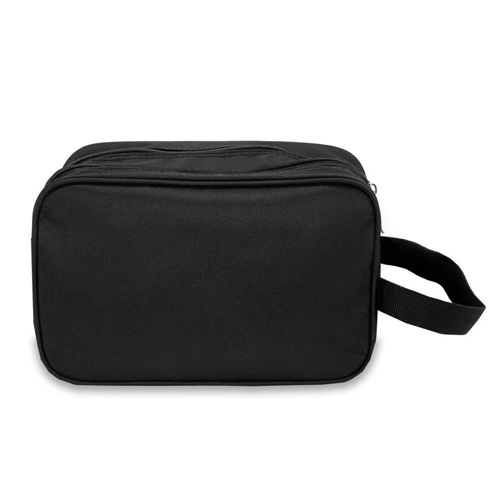 Dual Compartment Toiletry Bag in black with dual zippered compartments and a front pocket, showcasing its durable 600D polyester material.