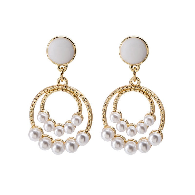 Elegant dual hoop earrings featuring artificial pearls, crafted from alloy and S925 silver.