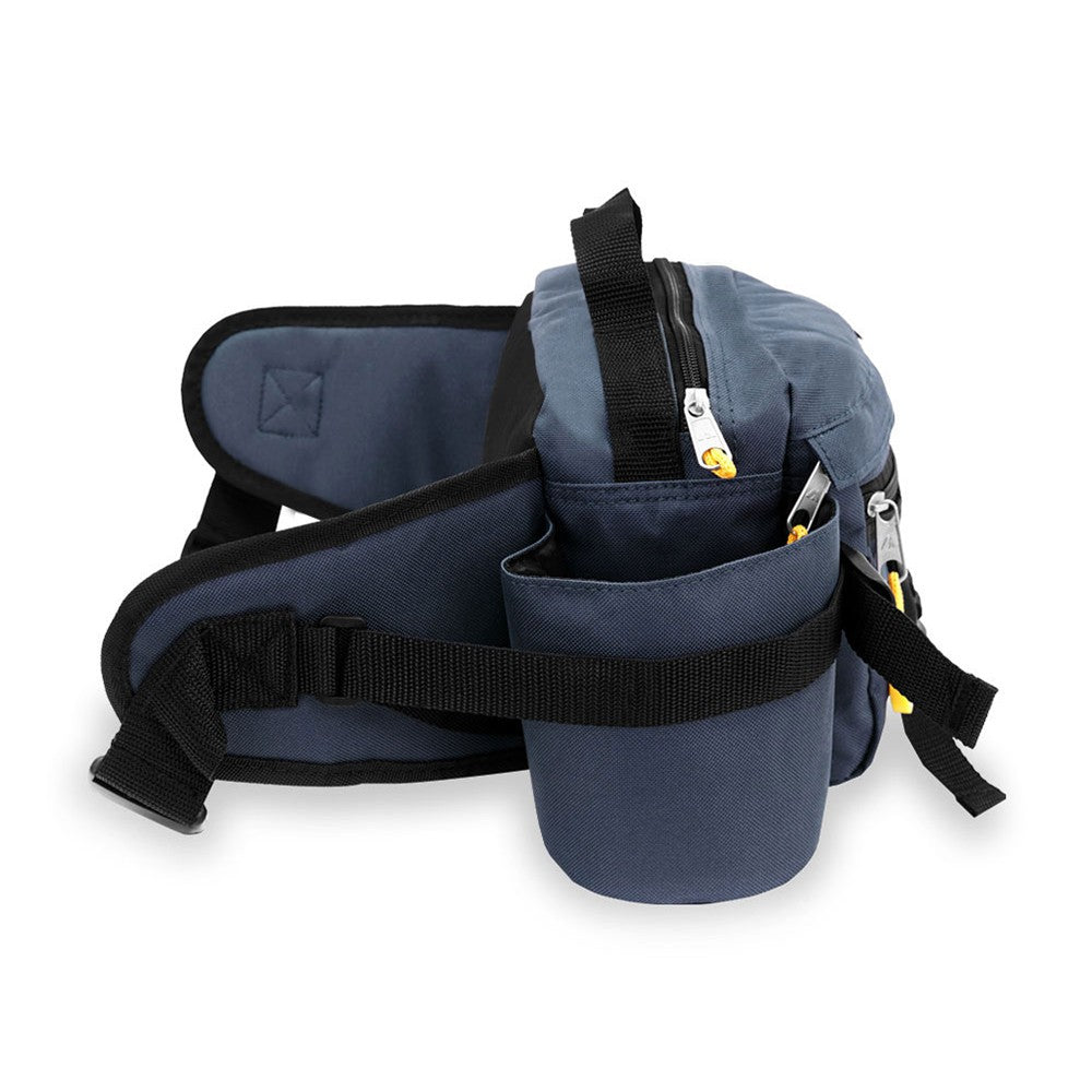 DUAL SQUEEZE HYDRATION PACK featuring two insulated bottle holders, multiple zippered pockets, and adjustable straps, ideal for outdoor activities.