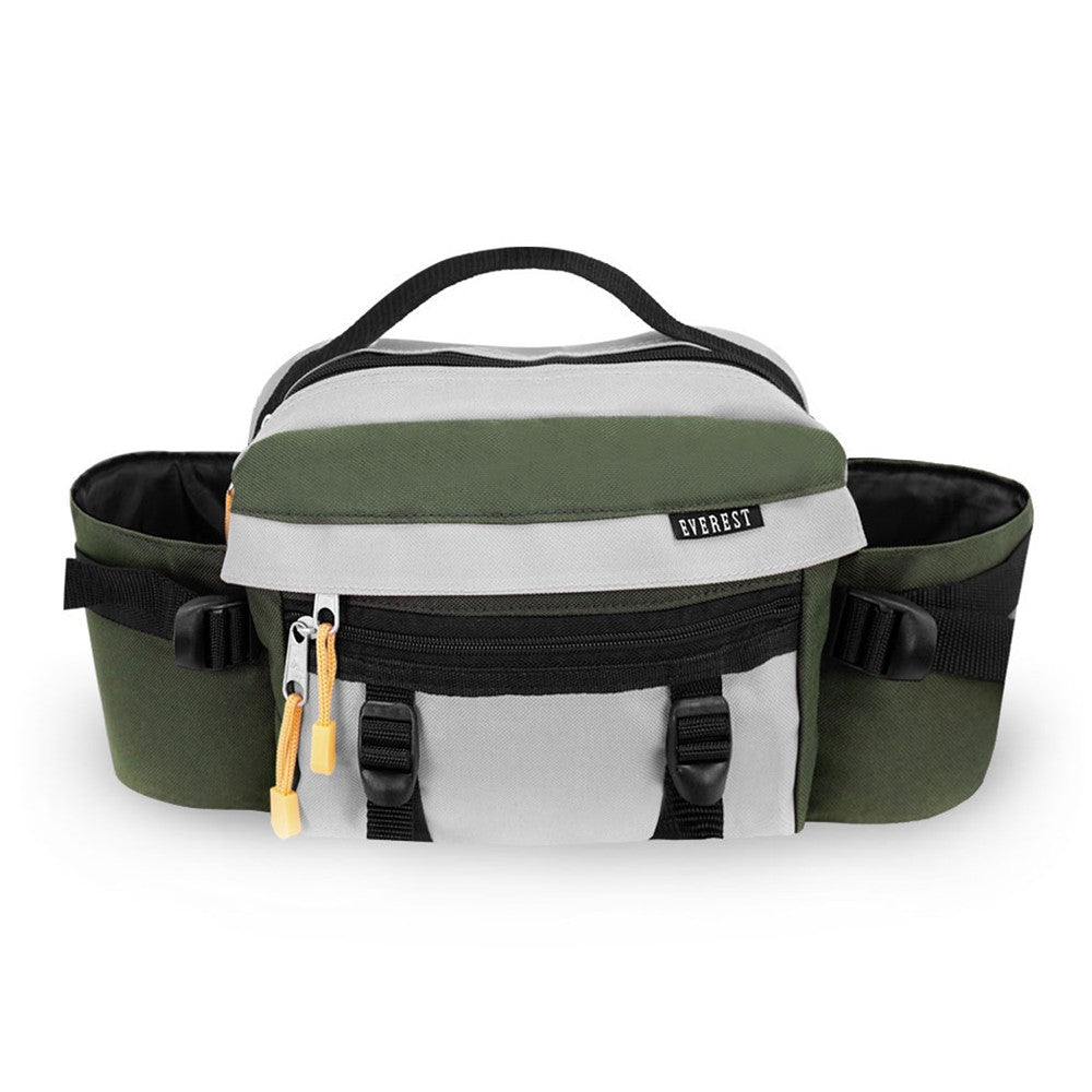 DUAL SQUEEZE HYDRATION PACK featuring two insulated bottle holders, multiple zippered pockets, and adjustable straps, ideal for outdoor activities.