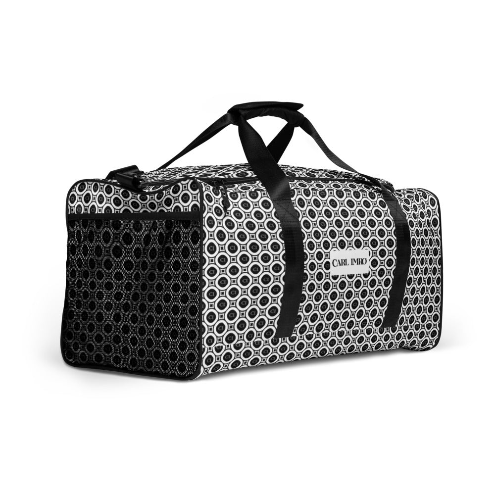 A spacious and durable duffle bag made of 100% polyester, featuring multiple pockets, adjustable shoulder strap, and dual padded handles.