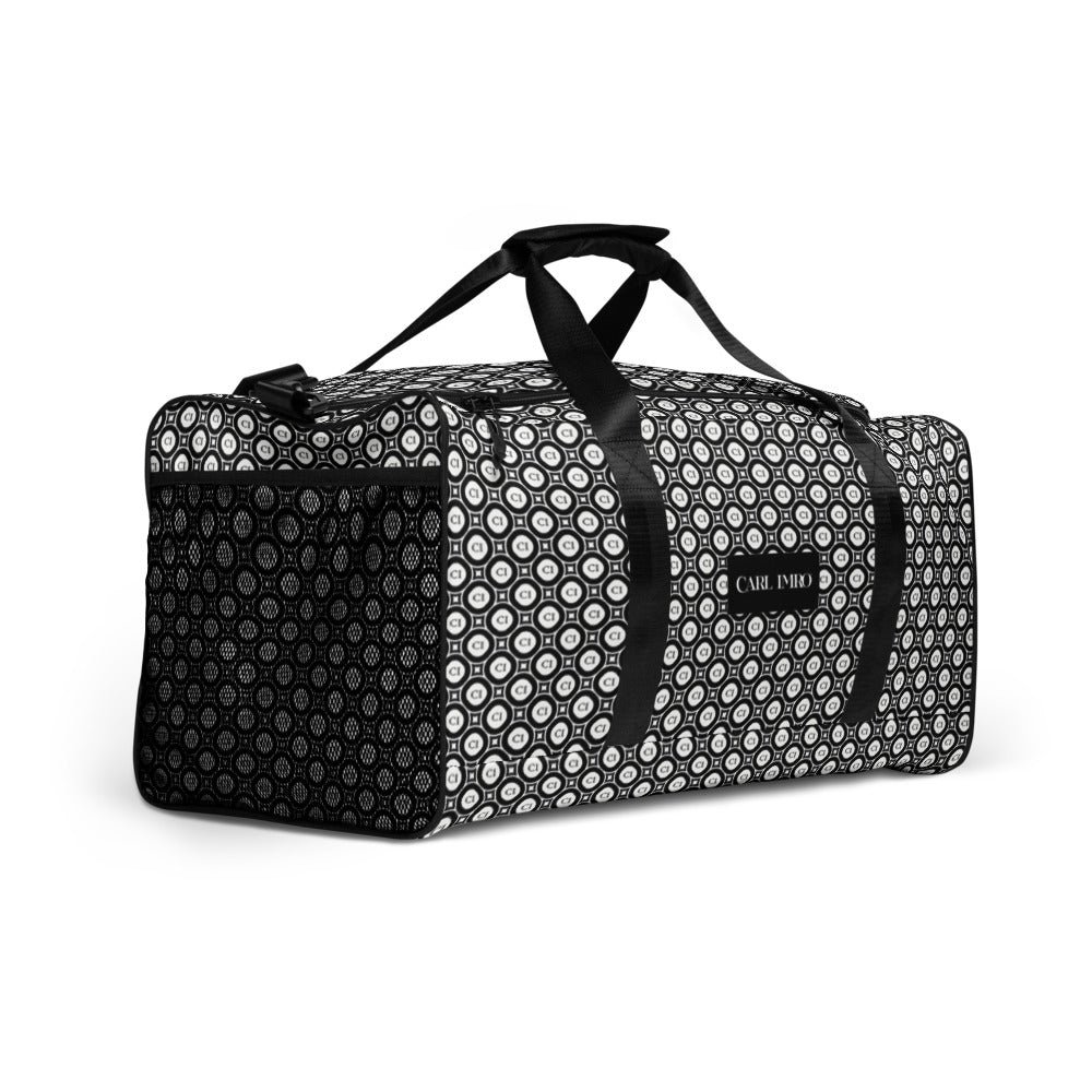 A spacious and durable duffle bag made of 100% polyester, featuring multiple pockets and an adjustable shoulder strap, ideal for travel and gym use.