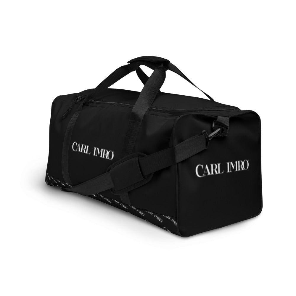 Duffle Bag PLBL in black with multiple pockets and adjustable shoulder strap, perfect for travel and gym use.