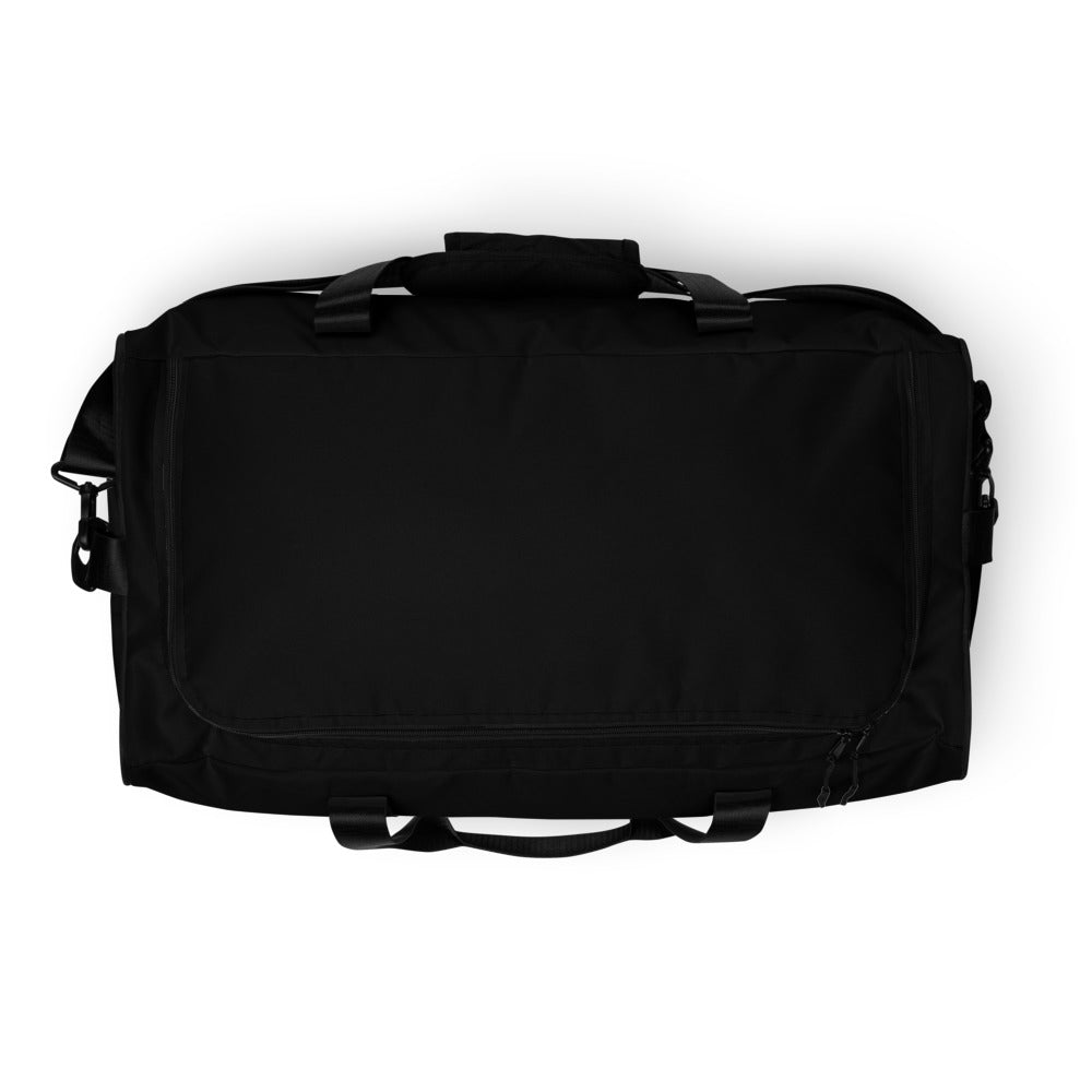 Duffle Bag PLBL in black with multiple pockets and adjustable shoulder strap, perfect for travel and gym use.