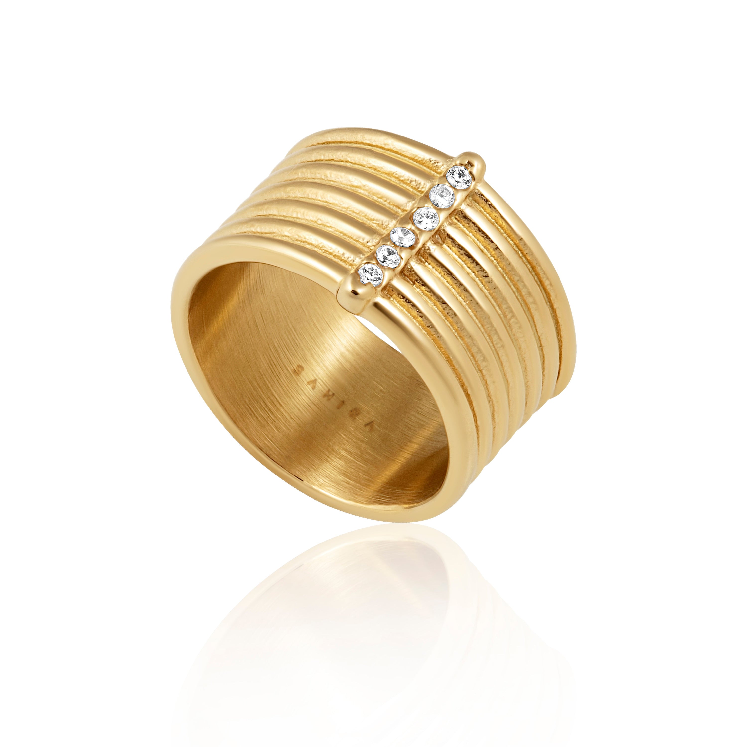 Duke Band Ring featuring a thick gold plated band with sparkling cz stones, elegantly designed for stacking or solo wear.