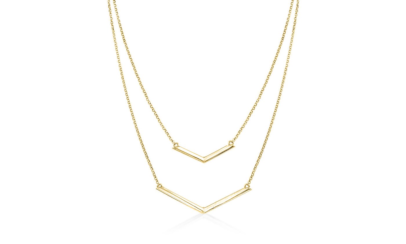 Duo Dangling Chevron Statement Necklace in 18K Gold featuring a unique chevron design, available in gold, rose gold, and white gold options.