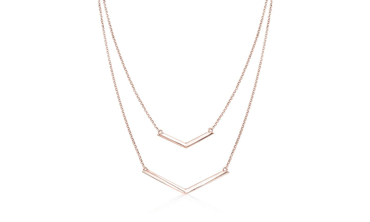 Duo Dangling Chevron Statement Necklace in 18K Gold featuring a unique chevron design, available in gold, rose gold, and white gold options.