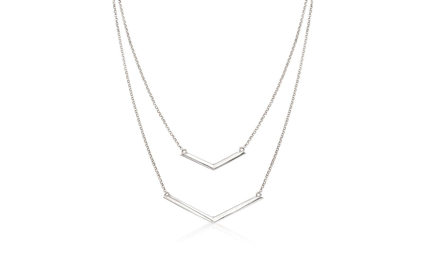 Duo Dangling Chevron Statement Necklace in 18K Gold featuring a unique chevron design, available in gold, rose gold, and white gold options.