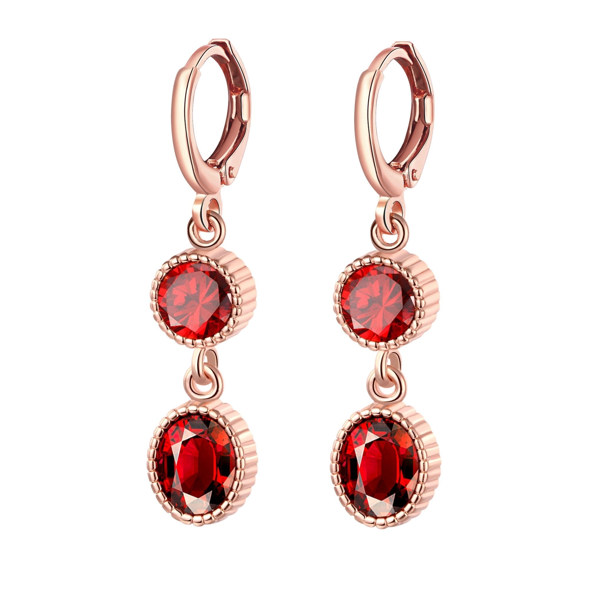 Duo Red Elements Drop earrings in 14K rose gold with certified crystals, showcasing elegant design and hypoallergenic features.