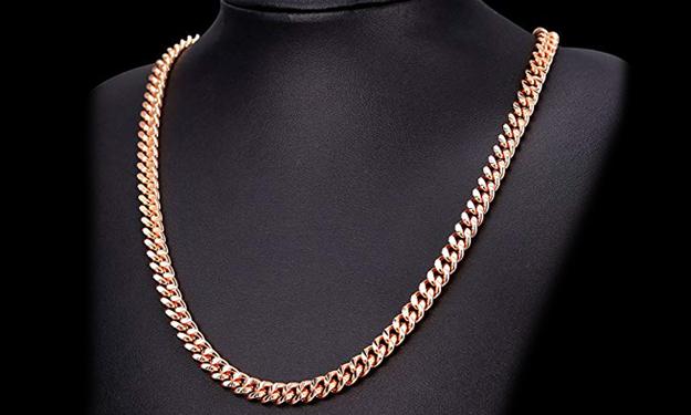 Durable Classic Men's Curb Chain Necklace in gold, rose gold, and silver options, showcasing its elegant curb chain design and lobster clasp.