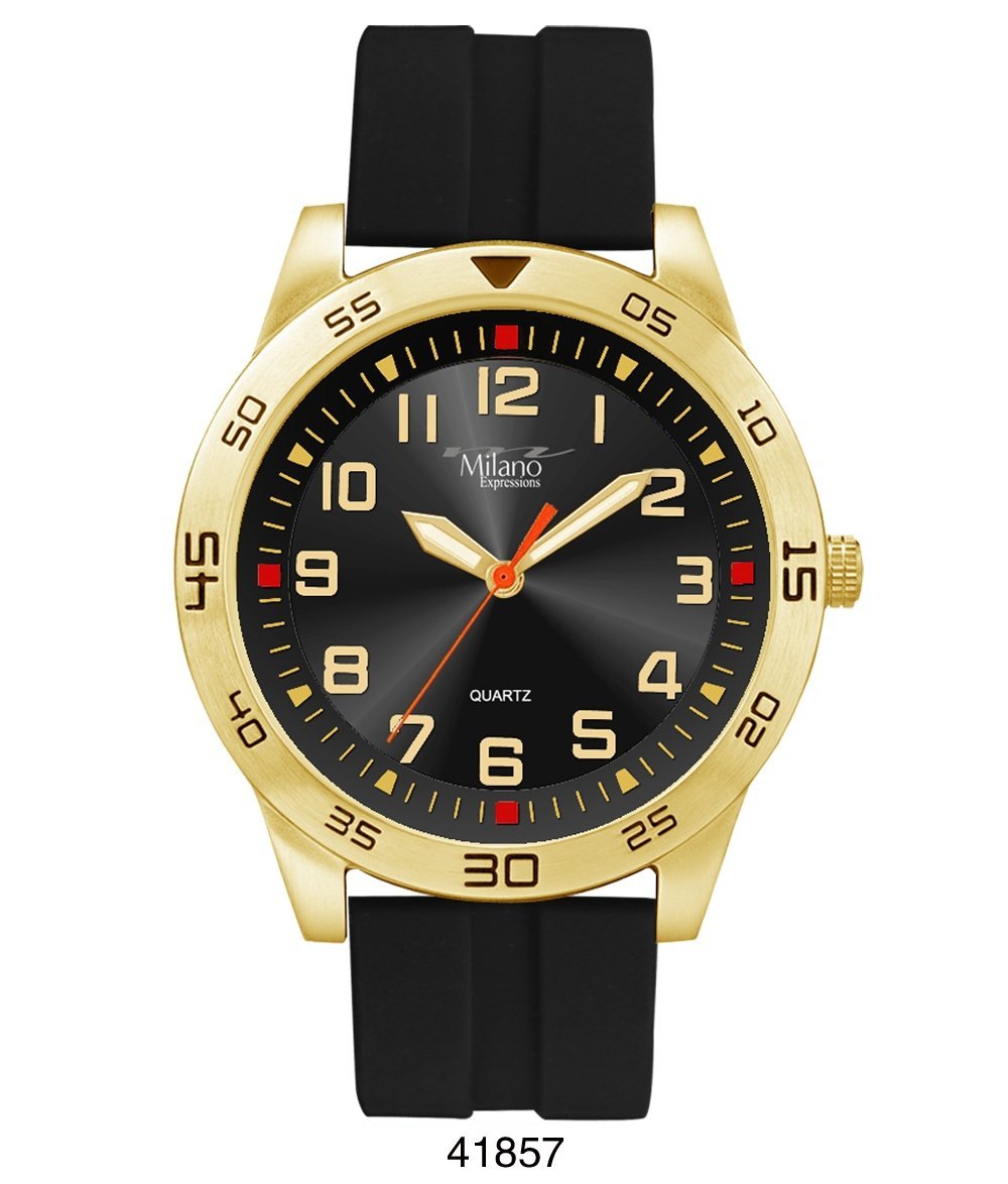 M Milano Expressions Durhamville watch featuring a black rubber strap, gold case, and black dial, showcasing elegance and durability.