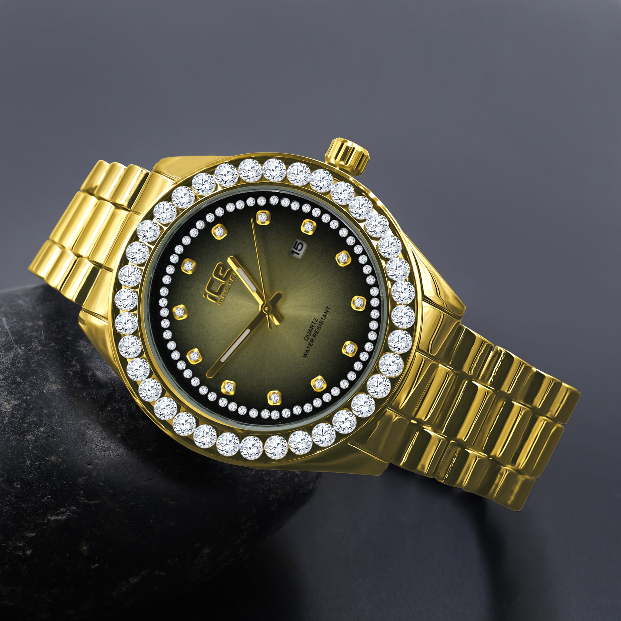 DYNASTY HIP HOP METAL watch featuring gold hour markers, black leather band, and intricate design.