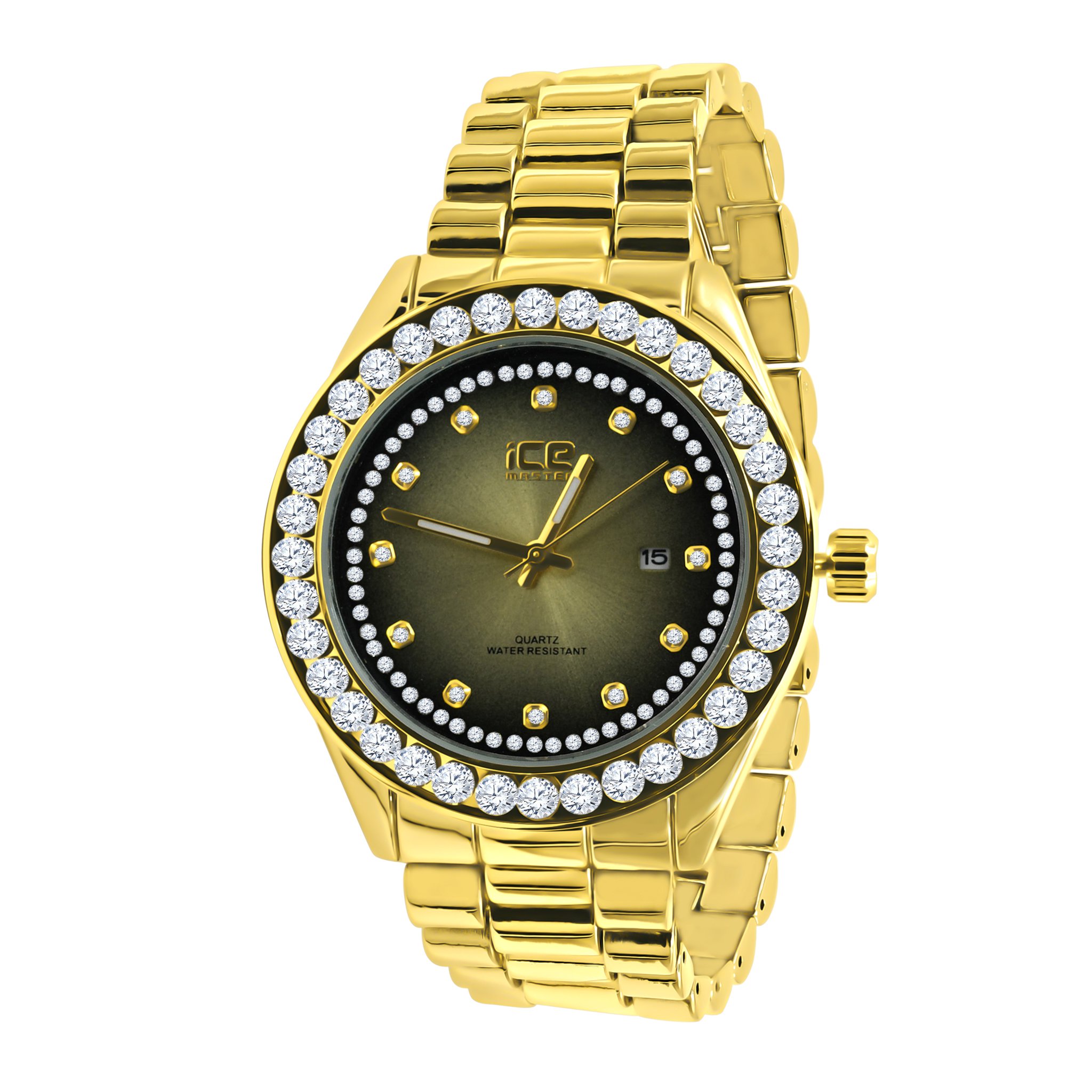 DYNASTY HIP HOP METAL watch featuring gold hour markers, black leather band, and intricate design.