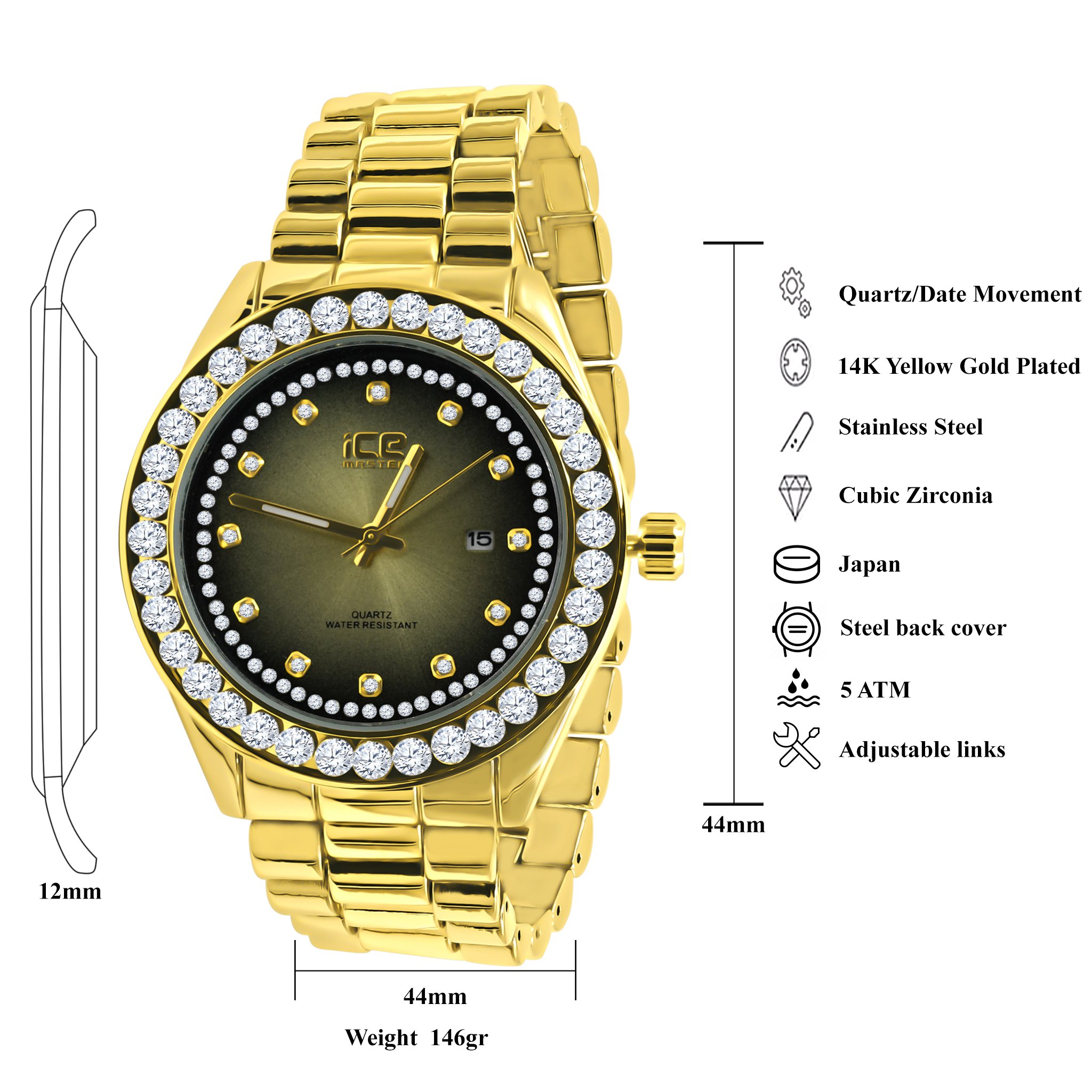 DYNASTY HIP HOP METAL watch featuring gold hour markers, black leather band, and intricate design.