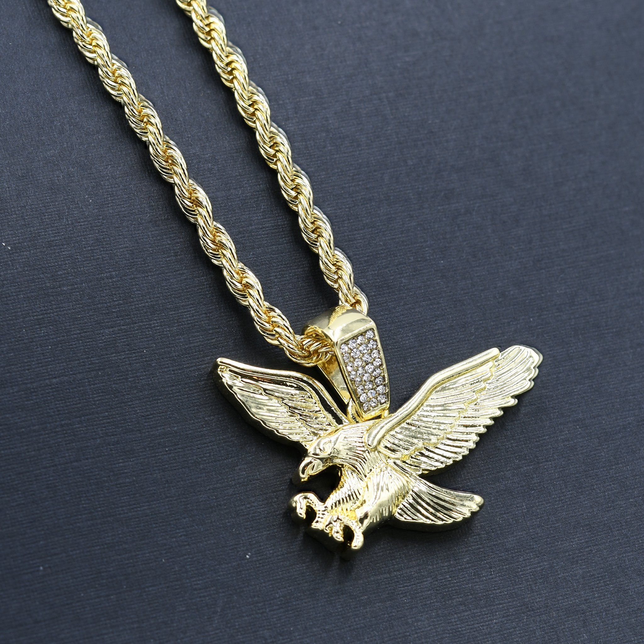 EAGLE CHAIN AND CHARM - D910792 featuring a crystal-studded eagle pendant on a 24'' rope chain, showcasing intricate design and bold style.