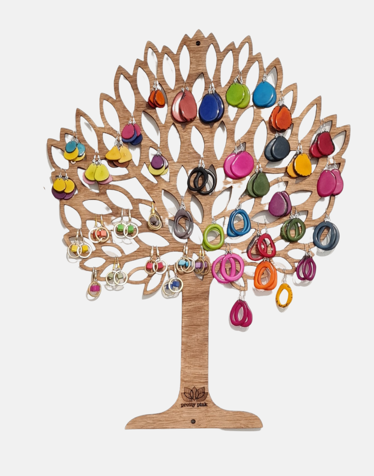 Earrings Tree Display made from sustainable wood, showcasing various earrings in an elegant tree-like structure.